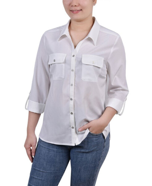 Petite 3/4 Roll Tab Blouse with Pockets