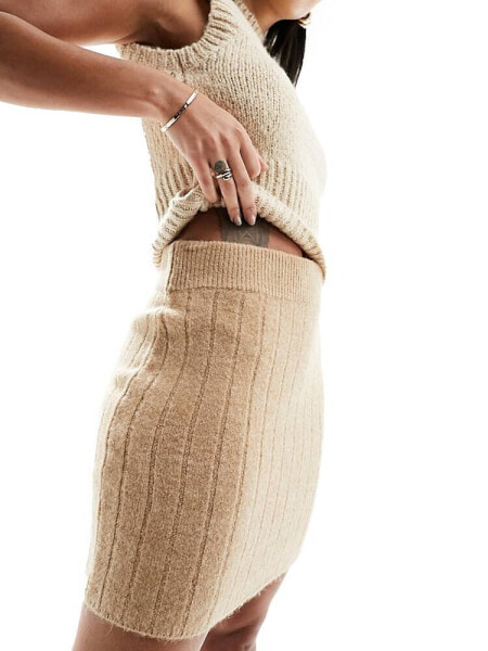 Miss Selfridge chunky rib knit skirt in camel