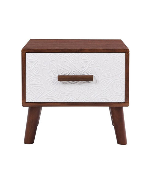 Embossed White End Table with Drawer and Wood Legs