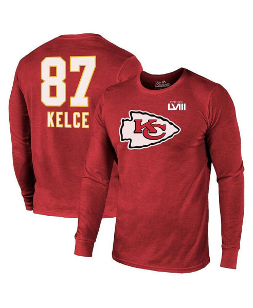 Men's Threads Travis Kelce Red Kansas City Chiefs Super Bowl LVIII Name and Number Tri-Blend Long Sleeve T-shirt