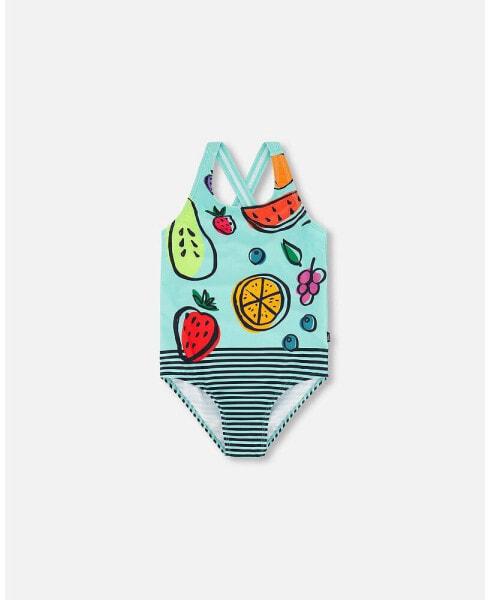 Girl One Piece Swimsuit Baby Blue Printed Fruits - Child