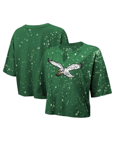 Women's Threads Kelly Green Distressed Philadelphia Eagles Bleach Splatter Notch Neck Crop T-shirt