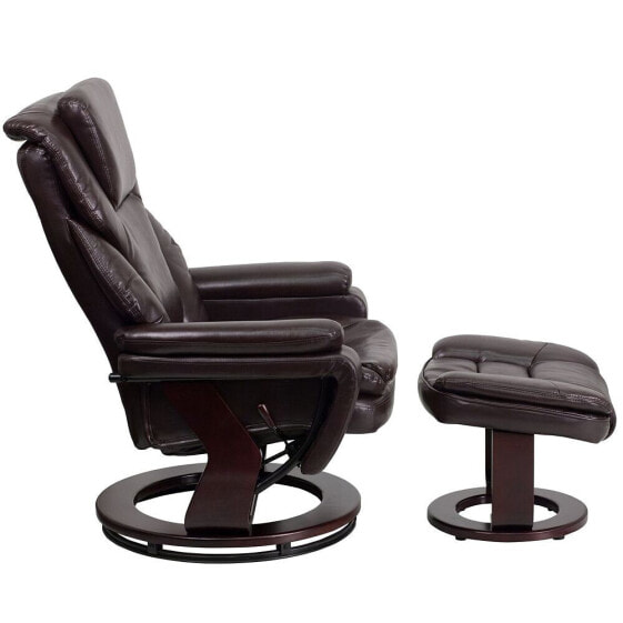 Contemporary Brown Leather Recliner And Ottoman With Swiveling Mahogany Wood Base