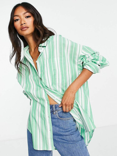 ASOS DESIGN oversized dad shirt in apple green stripe