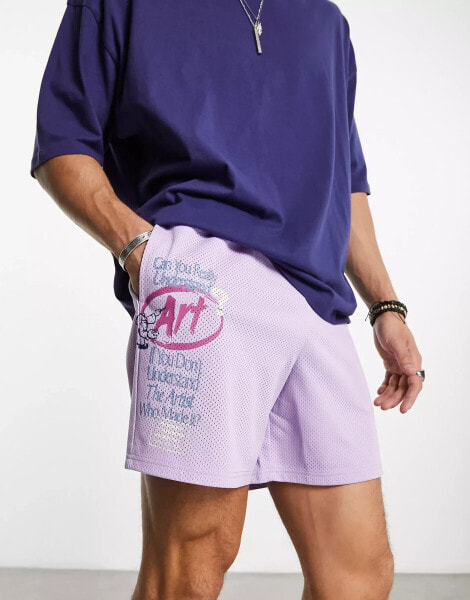 Coney Island Picnic co-ord mesh shorts in purple with art school placement prints