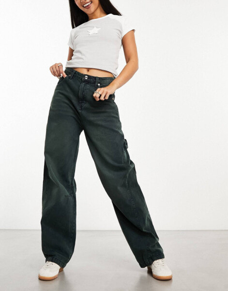 Bershka denim look carpenter trousers in green blue wash