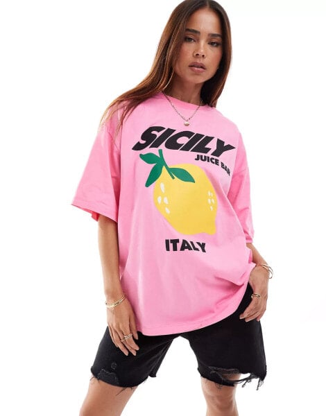 ASOS DESIGN oversized t-shirt with sicily lemon graphic in pink