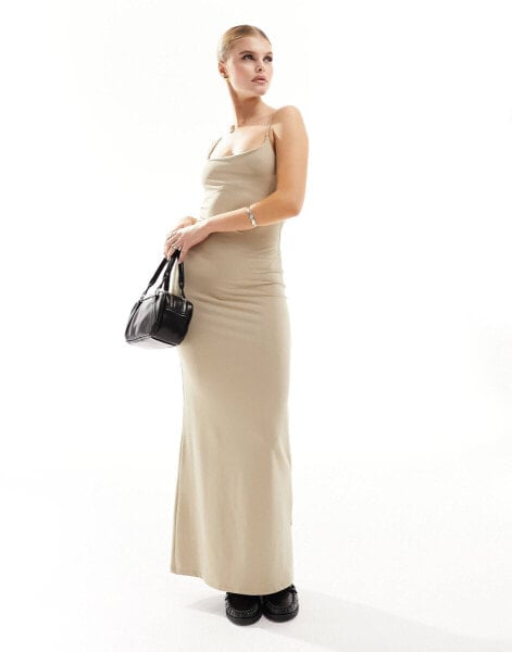 Pimkie cami strap bodycon maxi dress in beige