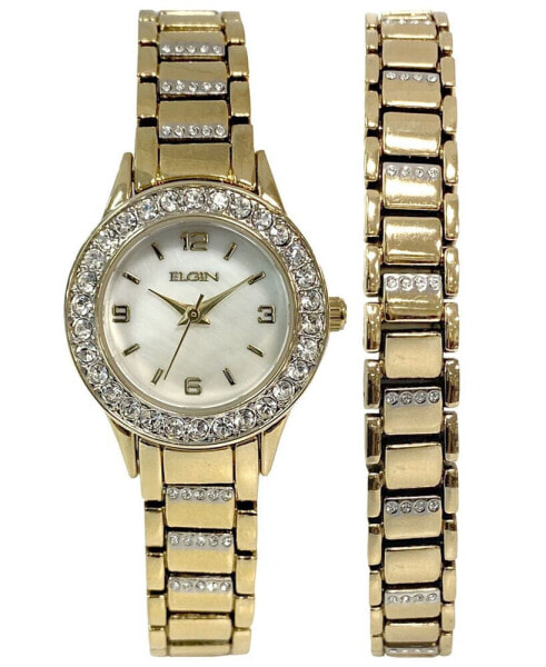 Women's Ion Plating Logo Etched On Crown Gold-Tone Strap Watch and Bracelet Set