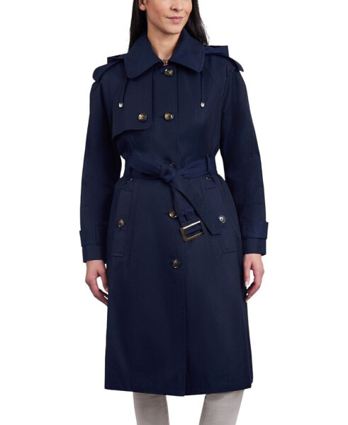 Women's Petite Single-Breasted Hooded Belted Trench Coat