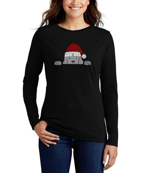 Women's Christmas Peeking Dog Word Art Long Sleeve T-shirt