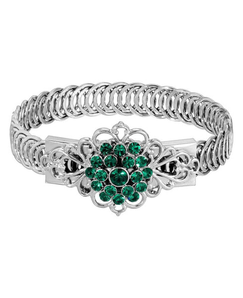Silver-Tone Emerald Green Flower Overlay Belt Bracelet