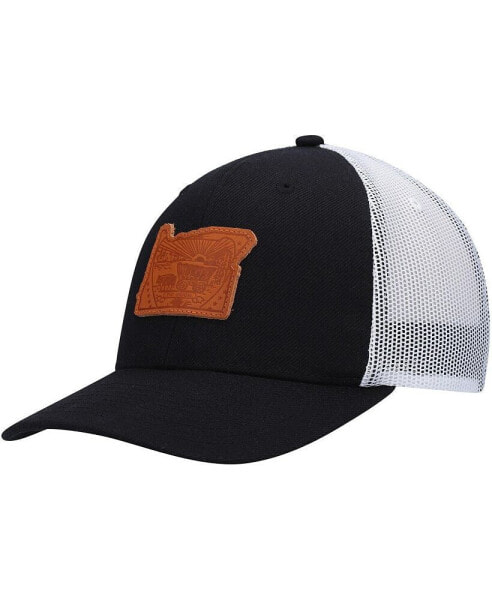 Men's Black Oregon Leather State Applique Trucker Snapback Hat