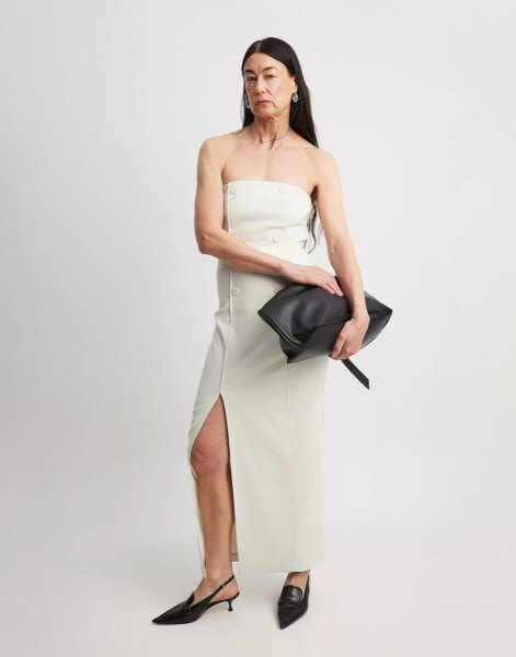 NA-KD double breasted bandeau midi dress in off white