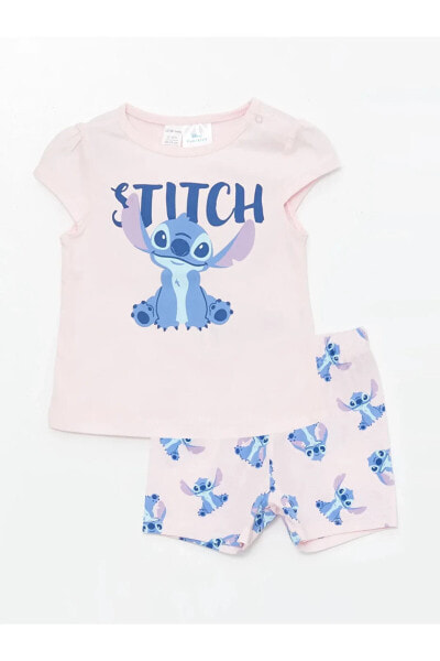 LCW baby Bisiklet Yaka Kısa Kollu Stitch Baskılı Kız Bebek Pijama Takımı