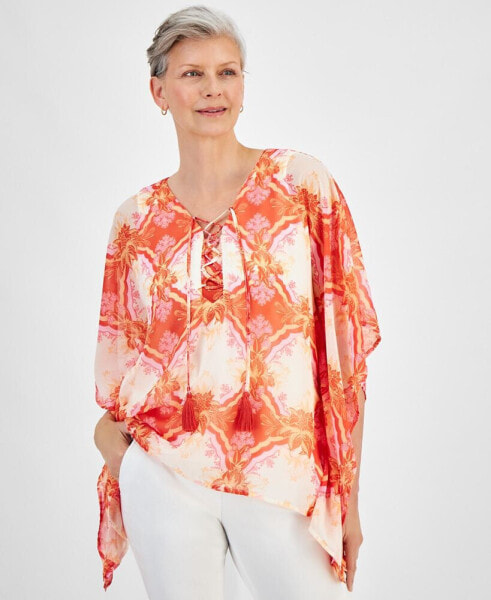 Women's Lace-Up V-Neck Asymmetic-Hem Poncho Top, Created for Macy's