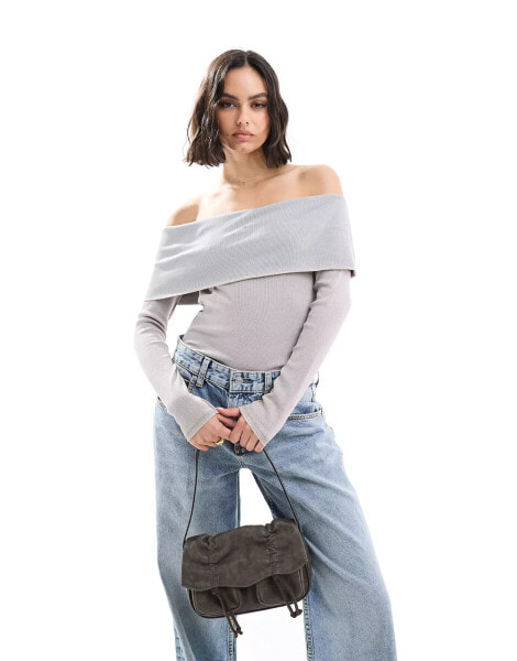 Pimkie ribbed bardot top in light grey