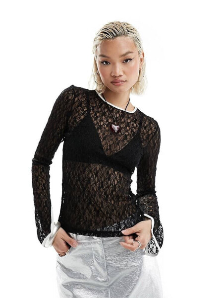 Monki long sleeve lace top in black