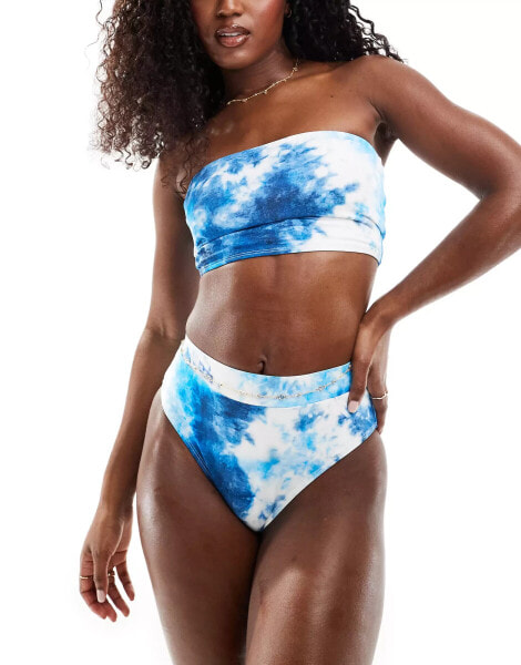 Threadbare bandeau bikini set with high waist bottom in blue tie dye