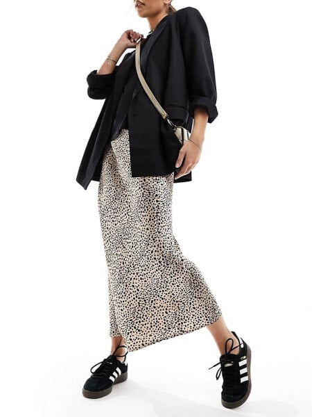 Wednesday's Girl leopard spot satin midaxi skirt in gold and black