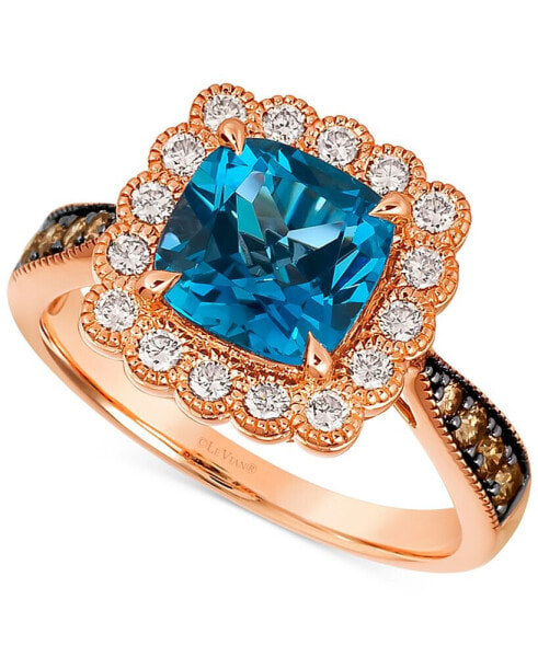 Deep Sea Blue Topaz (2-1/2 ct. t.w.) & Diamond (1/2 ct. t.w.) Cushion Halo Ring in 14k Rose Gold