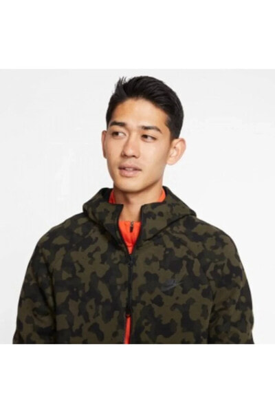 Erkek Haki Sportswear Tech Fleece Full Zip Printed Hoodie Kapüşonlu Ceket