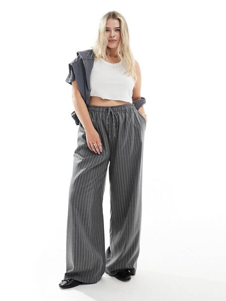 In The Style Plus x Perrie Sian exclusive wide leg drawstring trouser in grey pinstripe