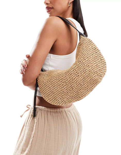 Mango crochet leather handle shoulder bag in light brown