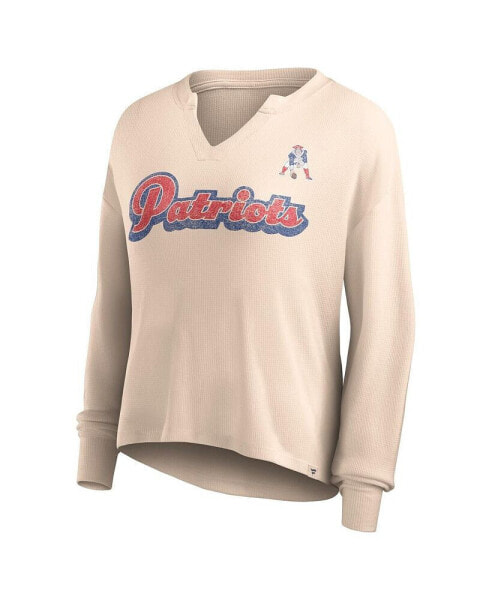 Women's Tan Distressed New England Patriots Go For It Notch Neck Waffle Knit Lightweight Long Sleeve T-shirt