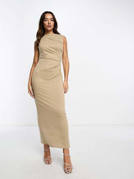 ASOS DESIGN slash neck ponte midi dress with ruched side detail in camel