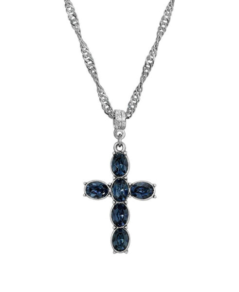 Symbols of Faith pewter Blue Crystal Cross Silver-Tone Twisted Necklace