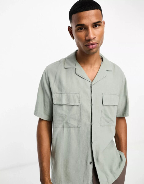 Abercrombie & Fitch linen short sleeve shirt in green with revere collar