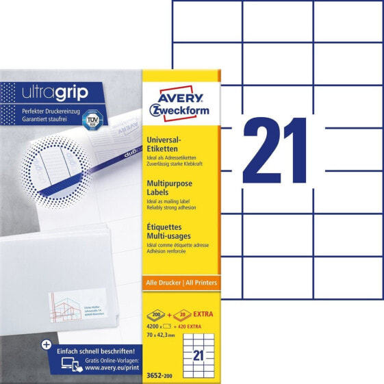 Avery Zweckform 3652-200 - White - Rectangle - Permanent - 70 x 42.3 mm - DIN A4 - Paper