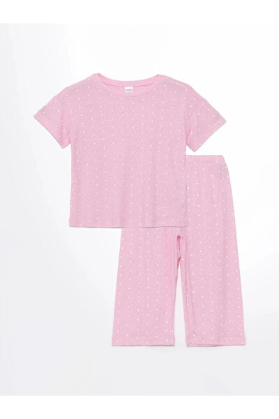 LCW Kids Bisiklet Yaka Baskılı Kısa Kollu Kız Çocuk Pijama Takımı