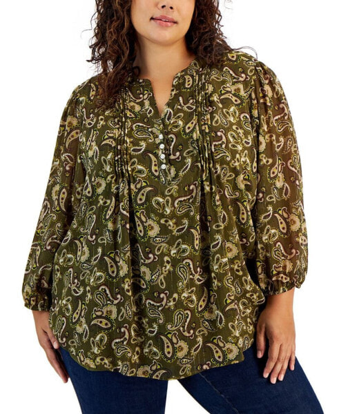 Plus Size Split-Neck Pleated Top