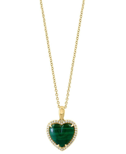 EFFY® Malachite & Diamond (1/6 ct. t.w.) Heart Halo 18" Pendant Necklace in 14k Gold