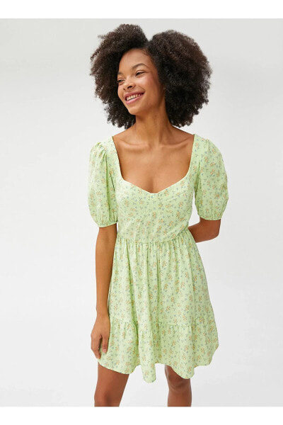 Kalp Yaka Desenli Yeşil Kısa Kadın Elbise 3sal80017ıw
