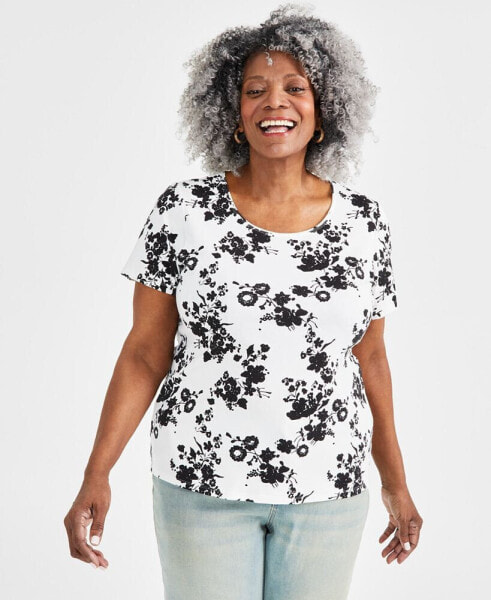 Plus Size Short-Sleeve Scoop Neck Printed Top, Created for Macy's