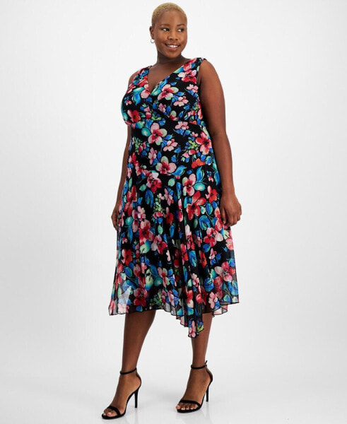 Plus Size Printed Surplice-Neck Handkerchief-Hem Dress