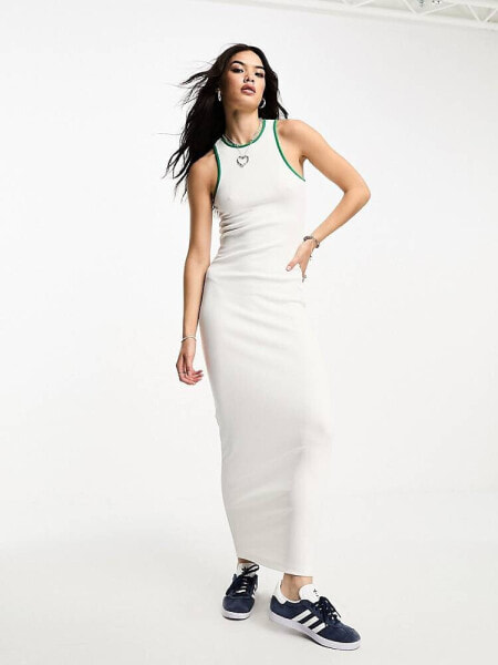 Only exclusive racer neck contrast binding maxi dress in white & green