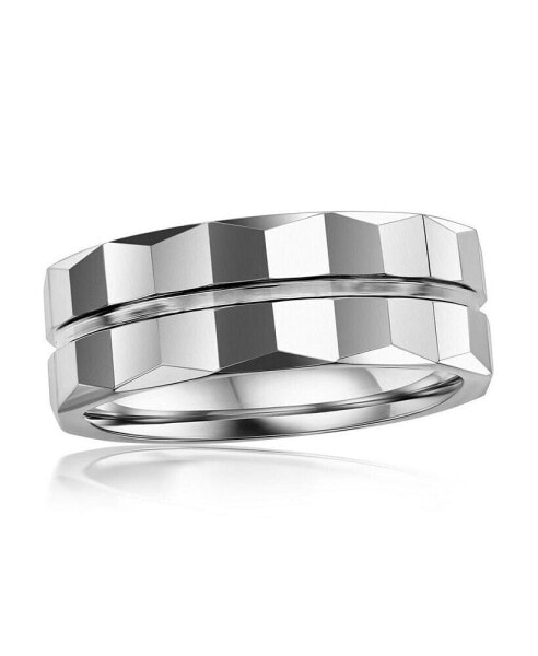 High Polished Lined Faceted Tungsten Ring