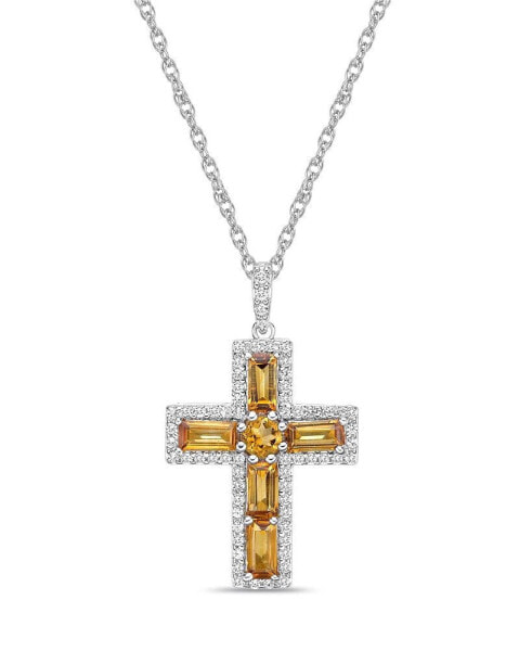 Macy's sterling Silver Halo Birthstone Style Genuine Citrine and White Topaz Fancy Cut Cross Pendant Necklace