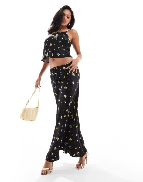 River Island ditsy floral maxi skirt co-ord in black