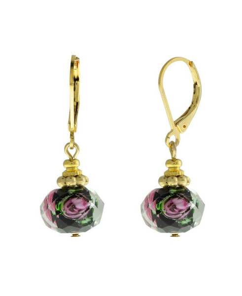Gold-Tone Black Bead Pink Flower Earring