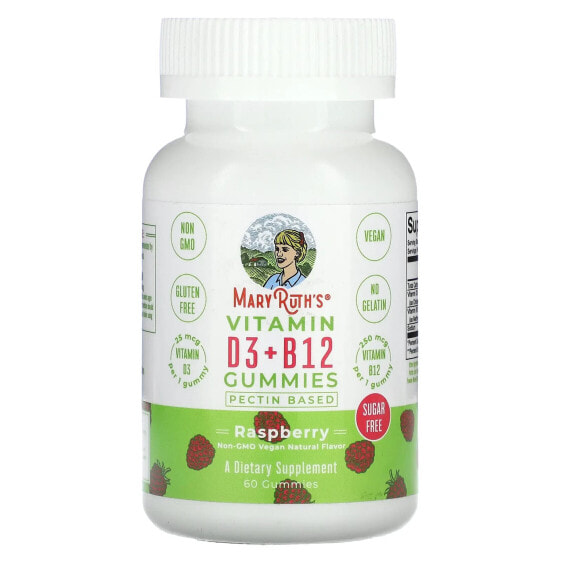 MaryRuth Organics, Жевательные таблетки с витамином D3 и B12, на основе пектина, малина, 60 жевательных таблеток