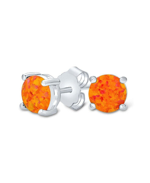 1CT Lab Created Iridescent Orange Synthetic Fire Opal Round Solitaire Stud Earrings For Women Sterling Silver 6MM 4 Prong Basket Set