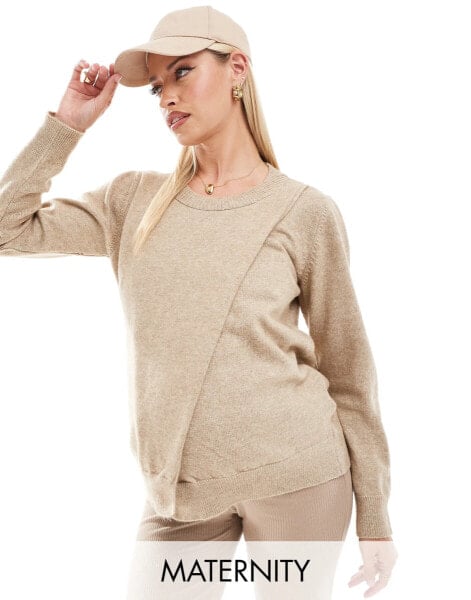 Mamalicious maternity split front jumper with nursing functionality in beige