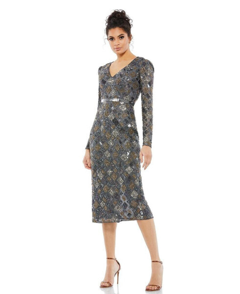 Women's Long Sleeve Geometric Sequin Midi Dress