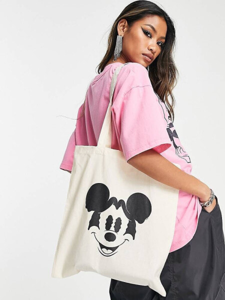 ASOS DESIGN Punk Mickey license graphic shopper tote bag in natural