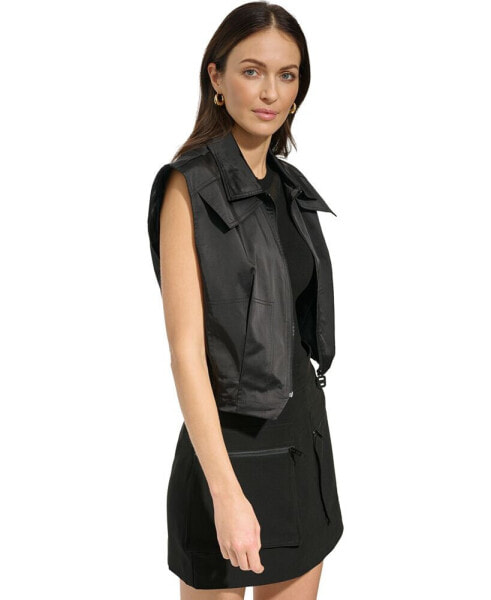 Women's Zip-Front Shine Satin Cargo Sleeveless Jacket
